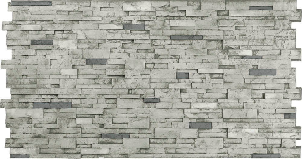 Realistic faux stone panel, Stacked Stone Grande in Grey Manor, full 4x8 interlocking panel with thin stacked ledge stones, soft gray with darker gray accents and weatherproof finish