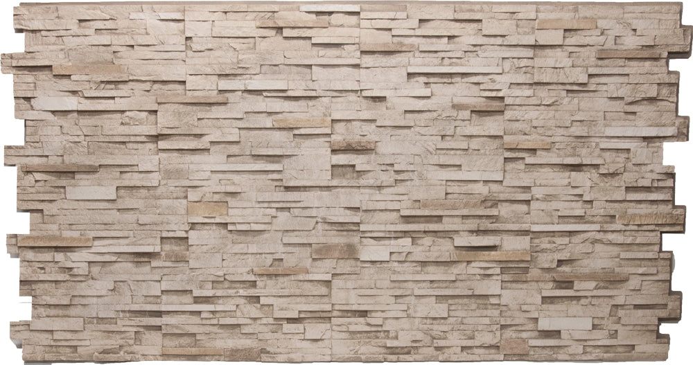 Realistic faux stone panel, Stacked Stone Grande in Desert Tan, full 4x8 interlocking panel with thin stacked ledge stones, light tan with dusty brown and dusty orange accents and weatherproof finish