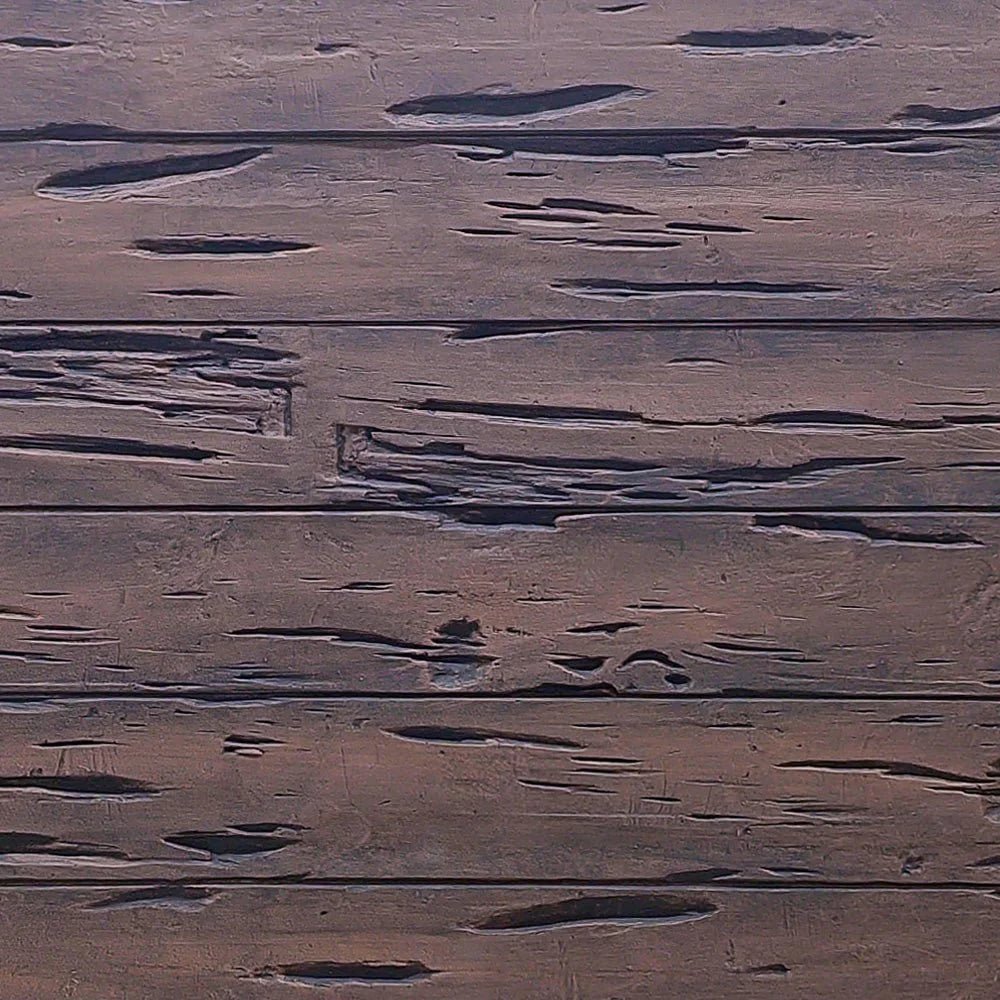 Sample of Realistic faux wood panel, Pecky Cypress in mahogany brown with horizontal planks, deep weathered grain and natural pecky voids; hand-painted wall cladding