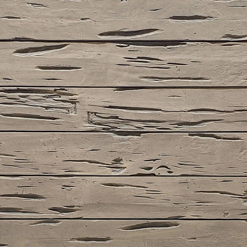 Sample swatch of realistic faux wood panel, Pecky Cypress in natural finish with horizontal planks, deep weathered grain and natural pecky voids; hand-painted wall cladding