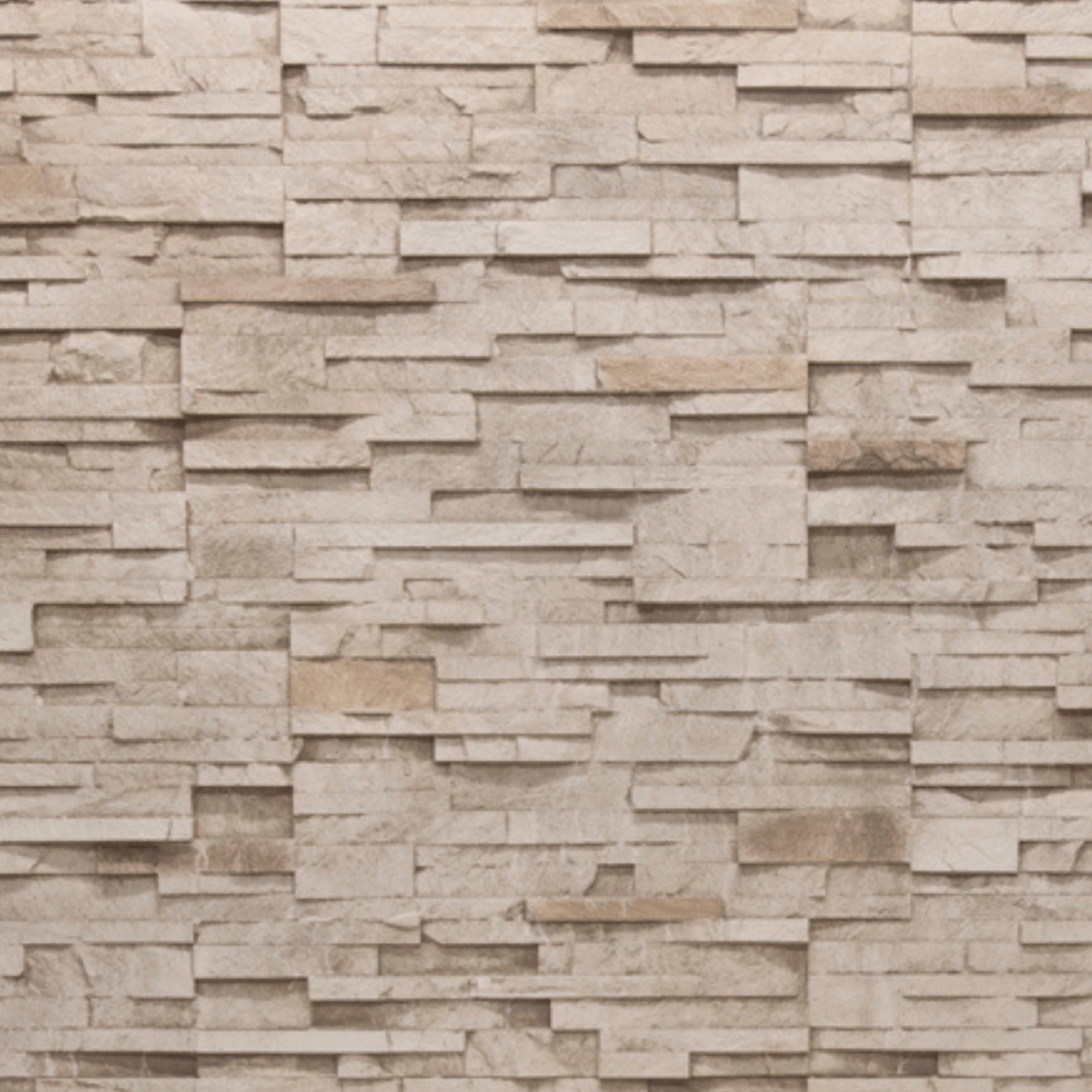 Realistic faux stone panel, Stacked Stone Grande Desert Tan sample swatch with thin stacked ledge stones in light tan with dusty brown and dusty orange accents