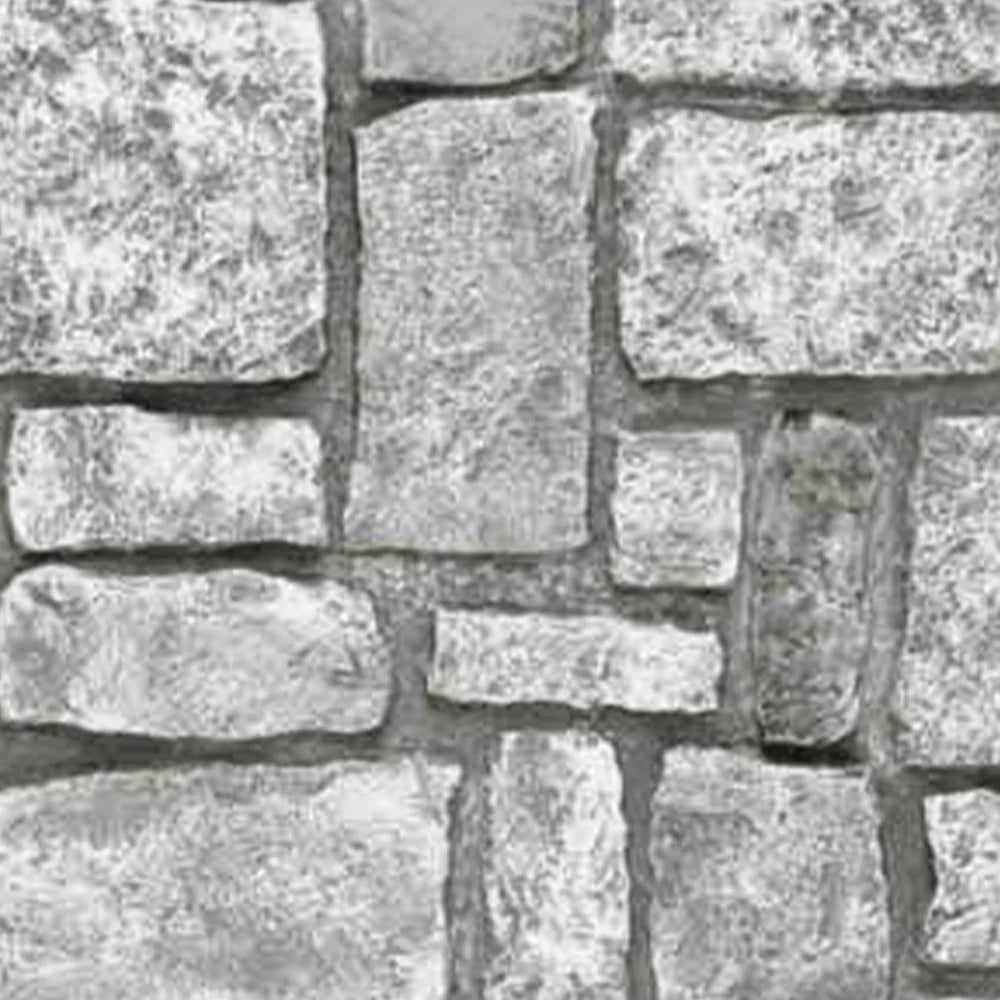 Sample of Tuscany slate gray faux stone panel with mixed rectangular and square stone blocks, hand-painted chiseled texture and dark artisan mortar joints