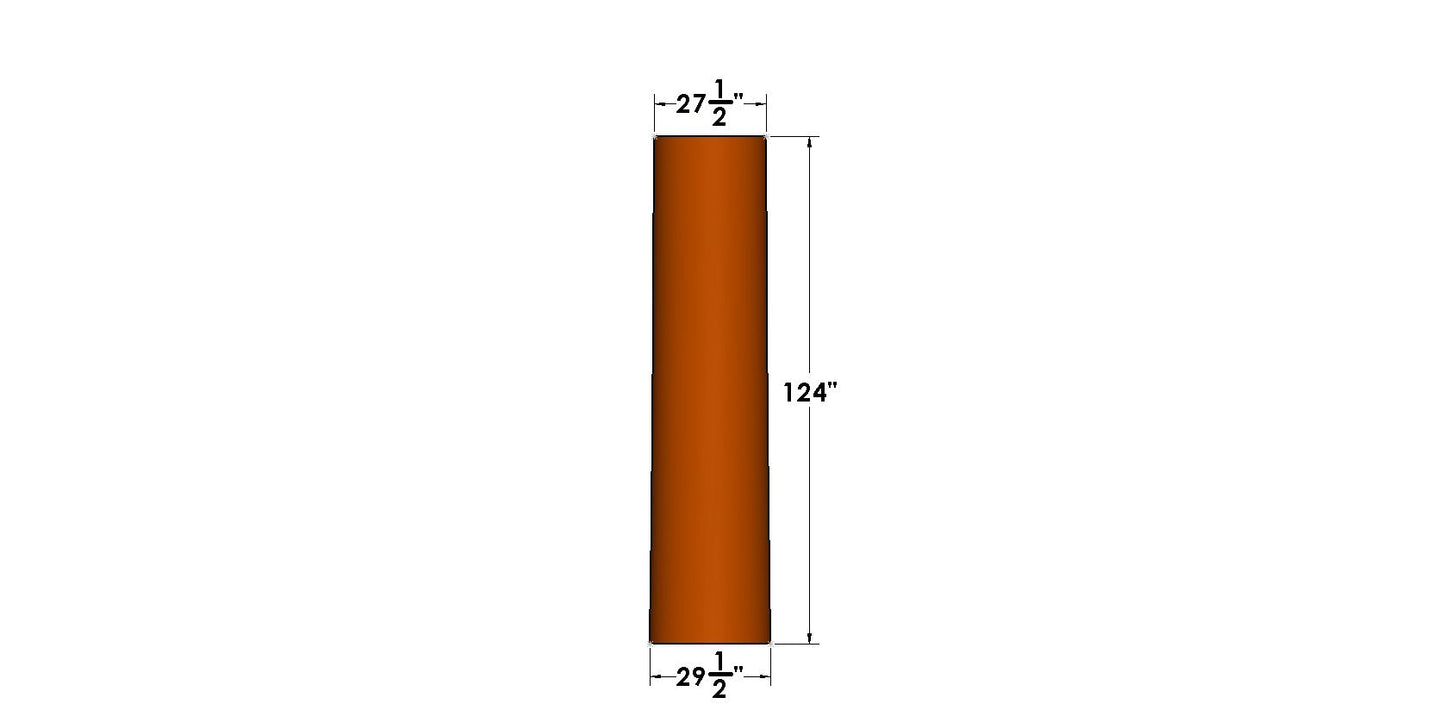 Vertical technical drawing of a birch-bark column wrap showing overall height of 124 inches and a slightly tapered diameter