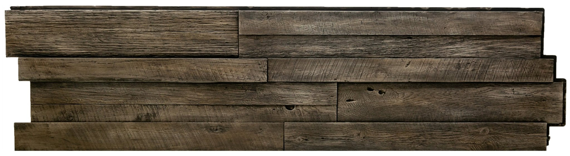URESTONE Reclaimed Wood 2x8 faux wood wall panel staggered planks, realistic weathered grain, interlocking edge.