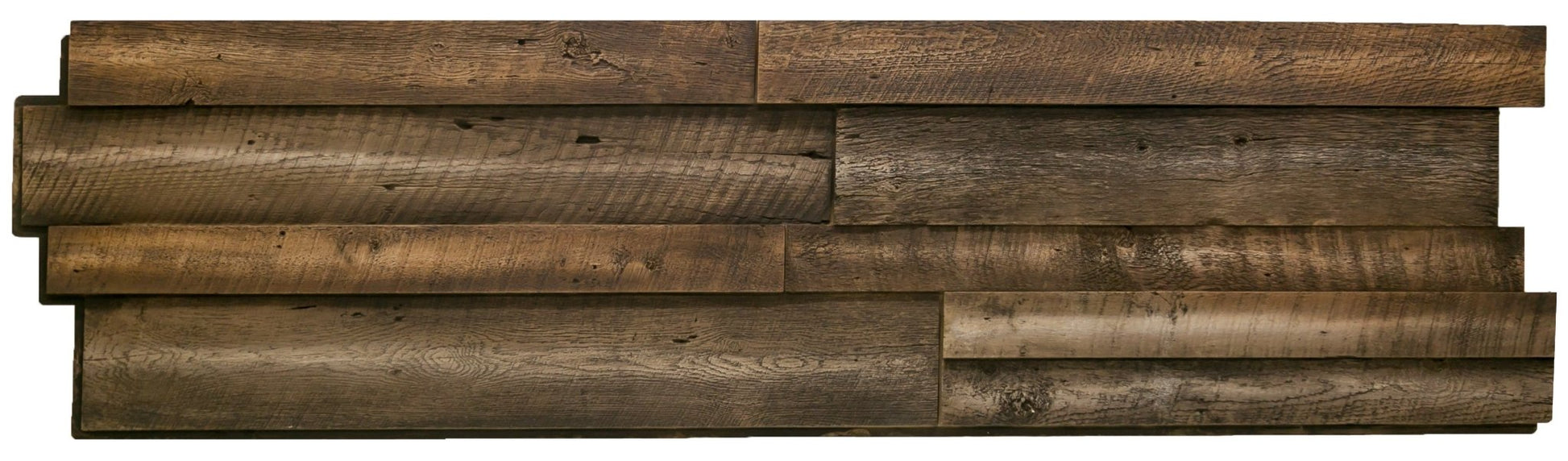 URESTONE Reclaimed Wood 2x8 faux wood wall panel staggered planks, realistic weathered grain, interlocking edge.