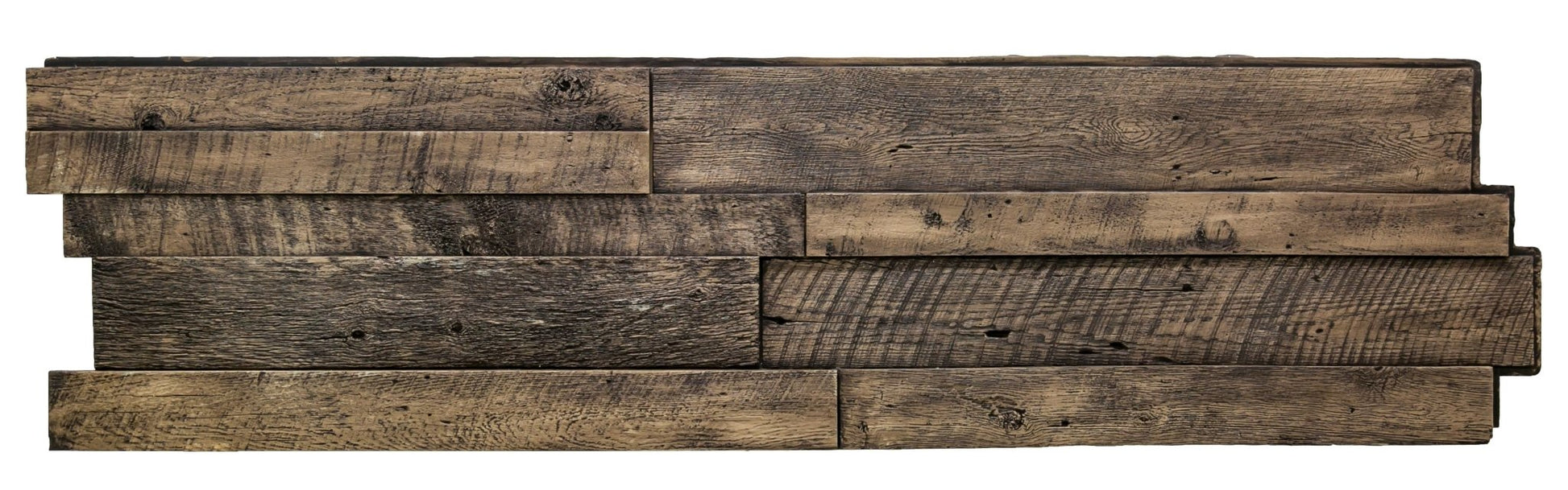 URESTONE Reclaimed Wood 2x8 faux wood wall panel staggered planks, realistic weathered grain, interlocking edge.