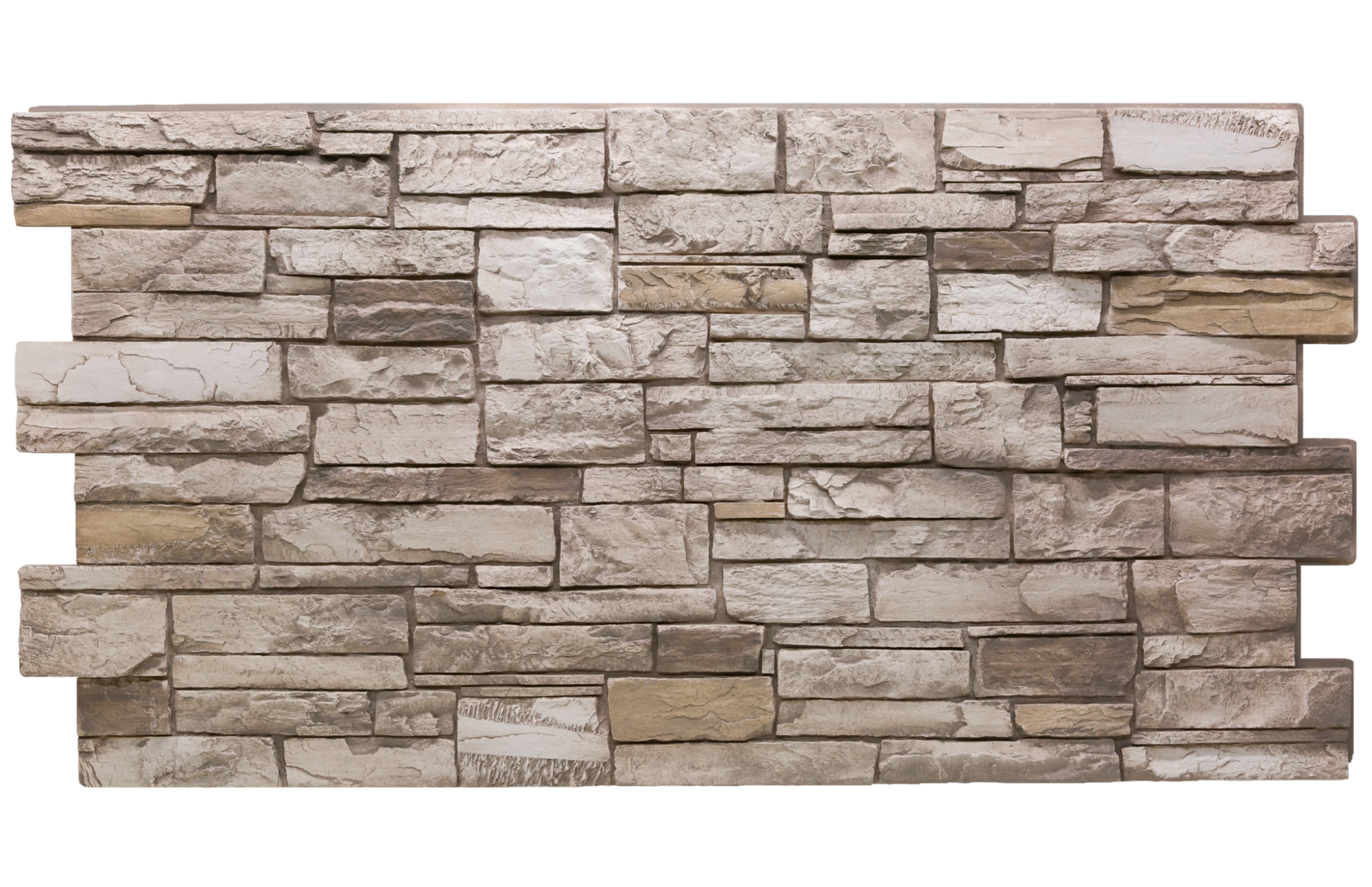 Stone veneer panel with a natural stone pattern in neutral-tone with interlocking edges with ledgestone blocks in varied sizes in warm grey and beige tones