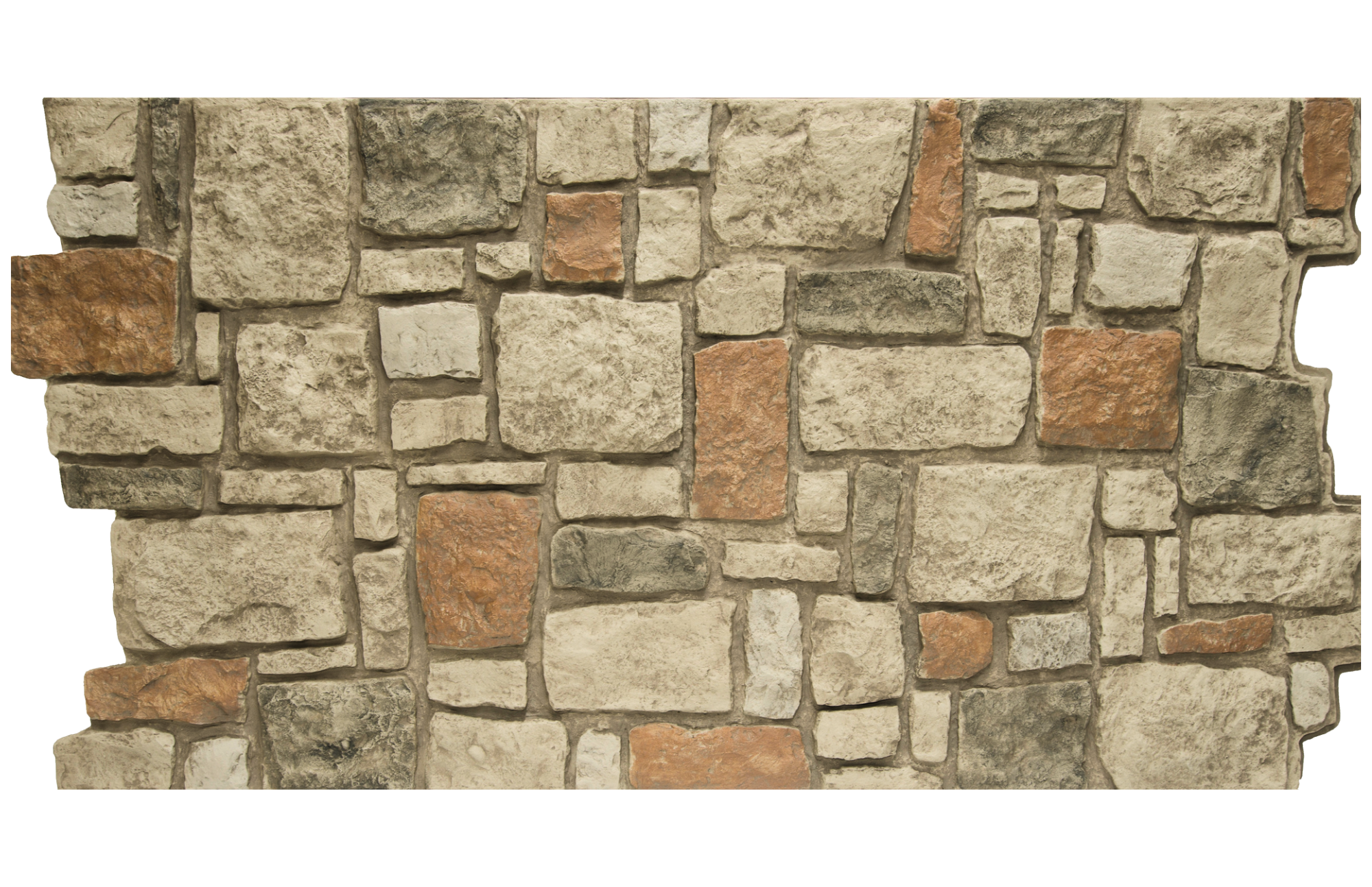 Tuscany desert oasis faux stone panel with mix of cream, gray, and terracotta blocks with visible artisanal mortar joints for rustic interior/exterior stone veneer