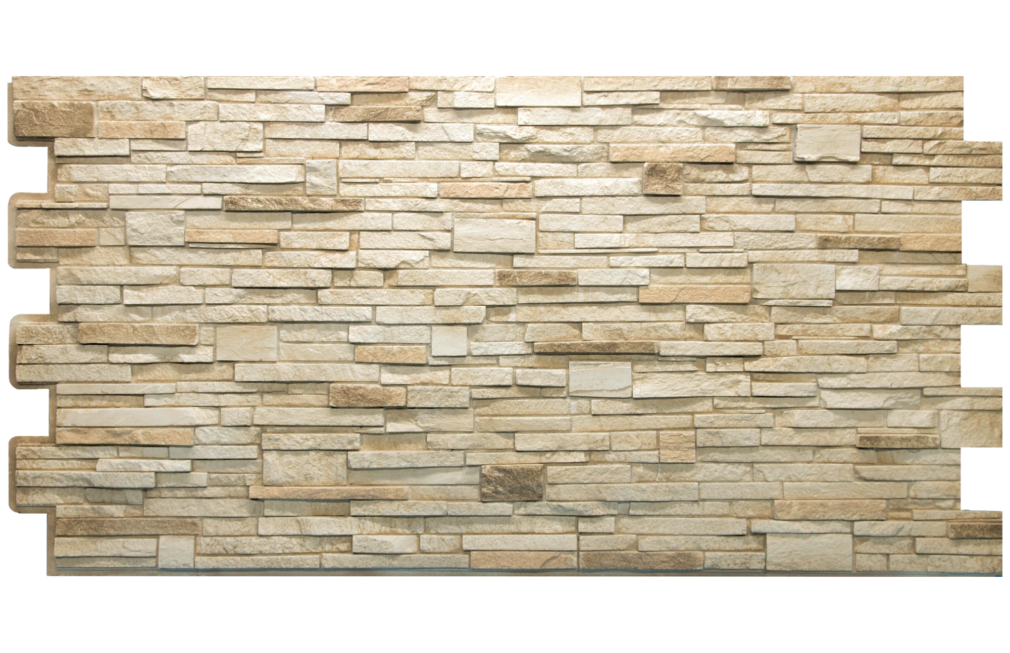 Virginia Stacked Stone Desert Tan faux stone panel with thin horizontal realistic stones in light tan with dusty brown/orange accents on hand-painted interlocking weatherproof wall cladding