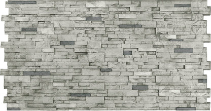 Realistic faux stone panel, Stacked Stone Grande in Grey Manor, full 4x8 interlocking panel with thin stacked ledge stones, soft gray with darker gray accents and weatherproof finish