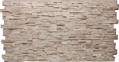 Realistic faux stone panel, Stacked Stone Grande in Desert Tan, full 4x8 interlocking panel with thin stacked ledge stones, light tan with dusty brown and dusty orange accents and weatherproof finish