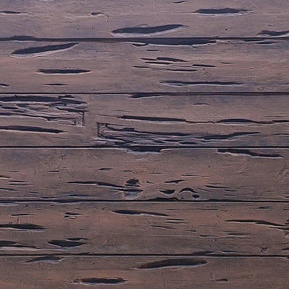 Sample of Realistic faux wood panel, Pecky Cypress in mahogany brown with horizontal planks, deep weathered grain and natural pecky voids; hand-painted wall cladding