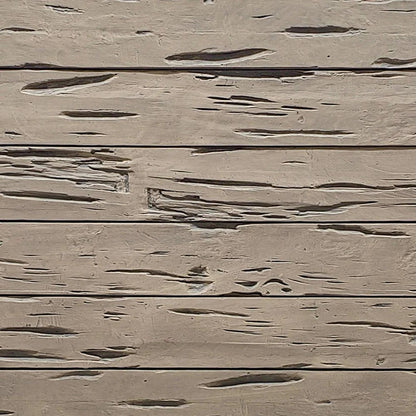 Sample swatch of realistic faux wood panel, Pecky Cypress in natural finish with horizontal planks, deep weathered grain and natural pecky voids; hand-painted wall cladding