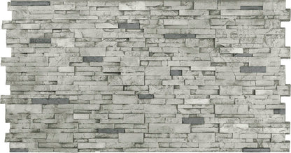 Realistic faux stone panel, Stacked Stone Grande in Grey Manor, full 4x8 interlocking panel with thin stacked ledge stones, soft gray with darker gray accents and weatherproof finish