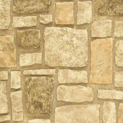 Sample of Tuscany Desert Tan faux stone panel with rectangular and square stones in light tan, medium dusty brown, and dusty orange; hand-painted texture and matching mortar