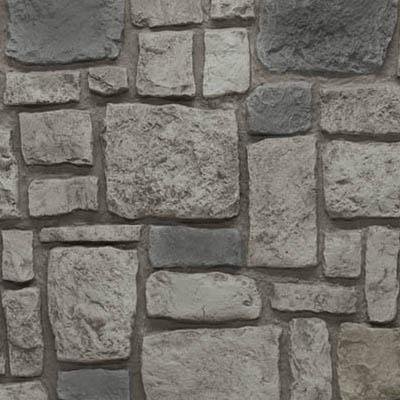 Sample of Tuscany Grey Manor faux stone panel with rectangular and square stones in soft gray with occasional darker gray accents, hand-painted texture and dark mortar