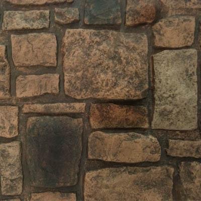 Sample of Tuscany Mocha faux stone panel with rectangular and square stones in chocolate brown, reddish, dark warm gray, and black; hand-painted texture and dark mortar
