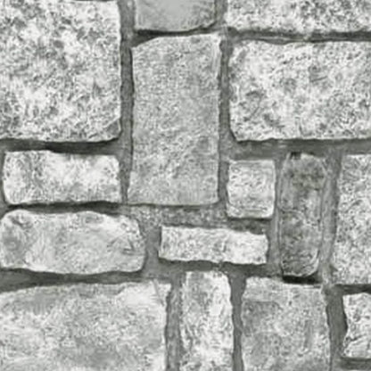 Sample of Tuscany slate gray faux stone panel with mixed rectangular and square stone blocks, hand-painted chiseled texture and dark artisan mortar joints