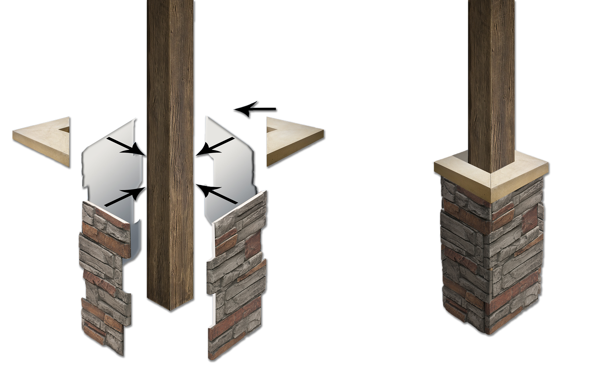 Easy-to-use URESTONE Faux Stone Column Kits wrap around existing poles.